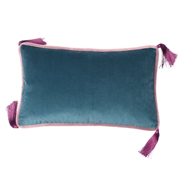 Teal Velvet Rectangular Cushion with Purple Tassels