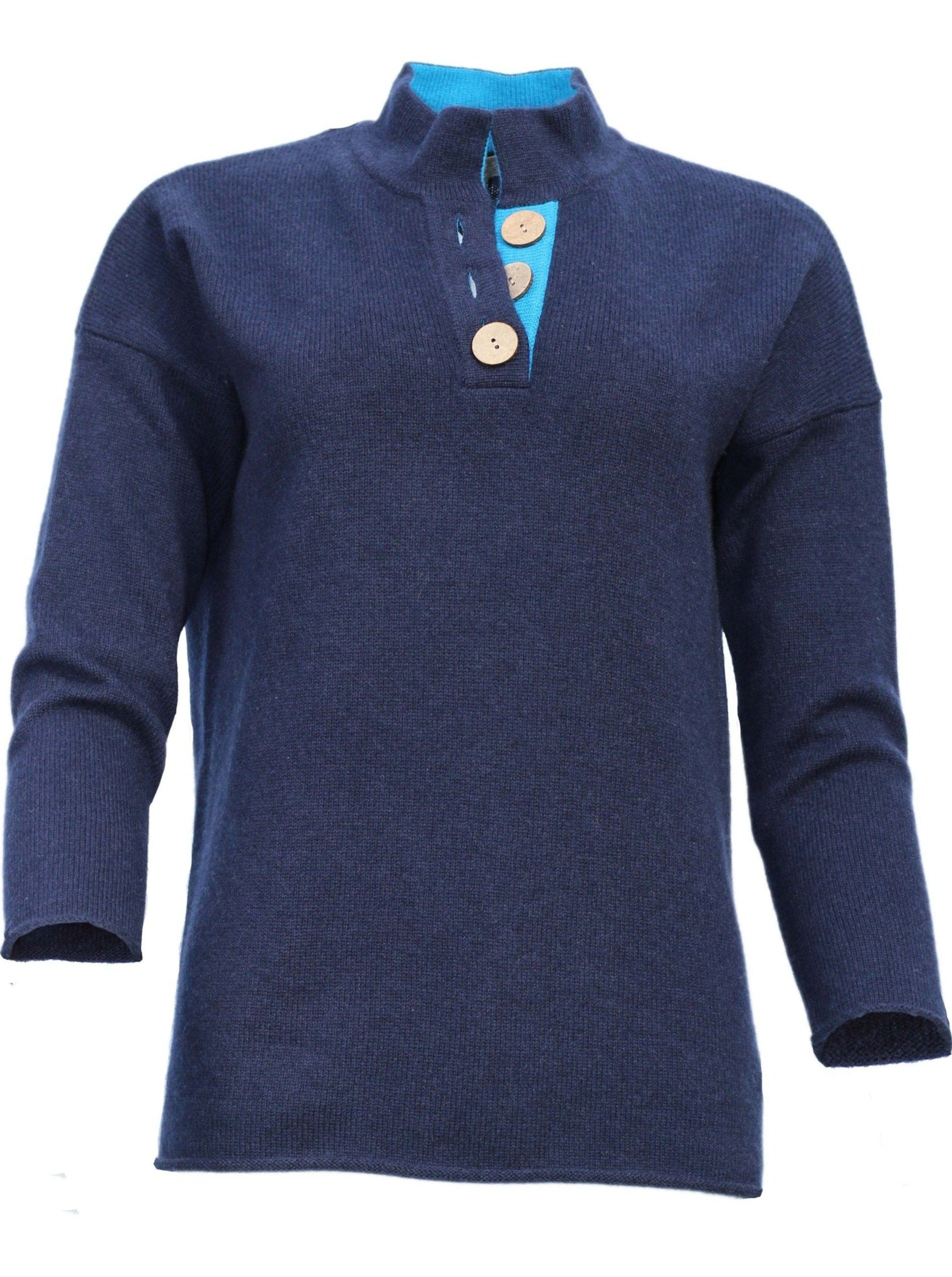 Cashmere & Merino High Collar Jumper in Navy and Turquoise