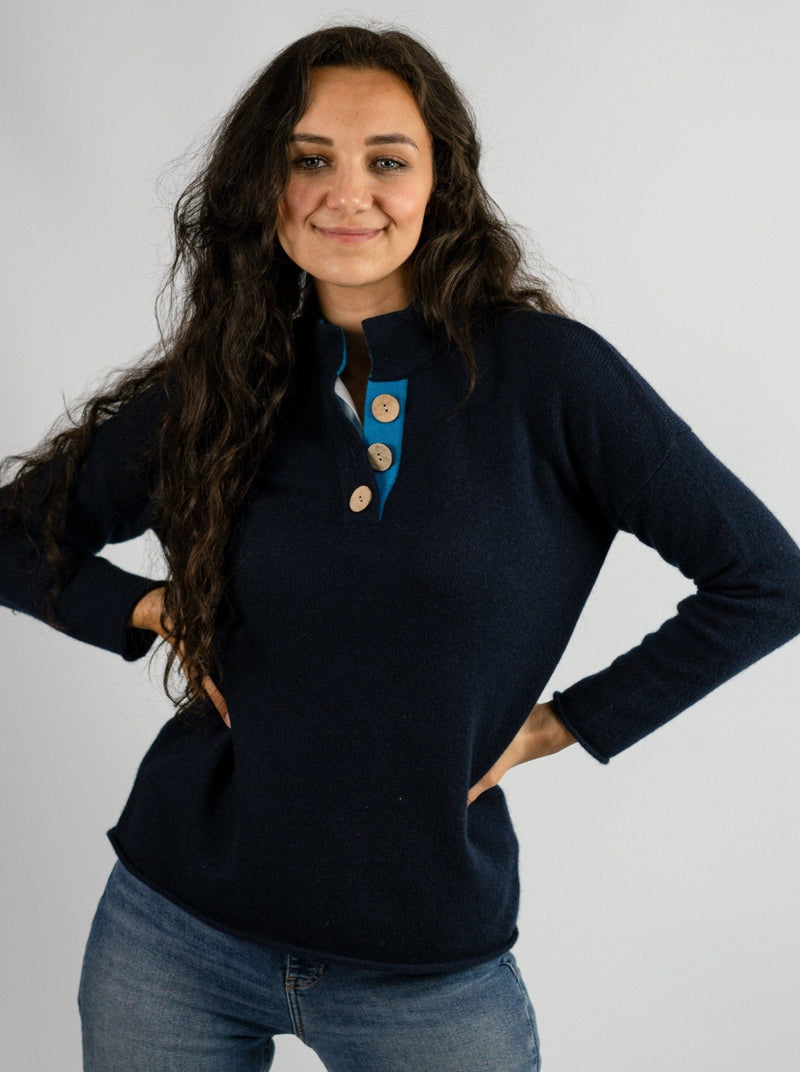Cashmere & Merino High Collar Jumper in Navy and Turquoise
