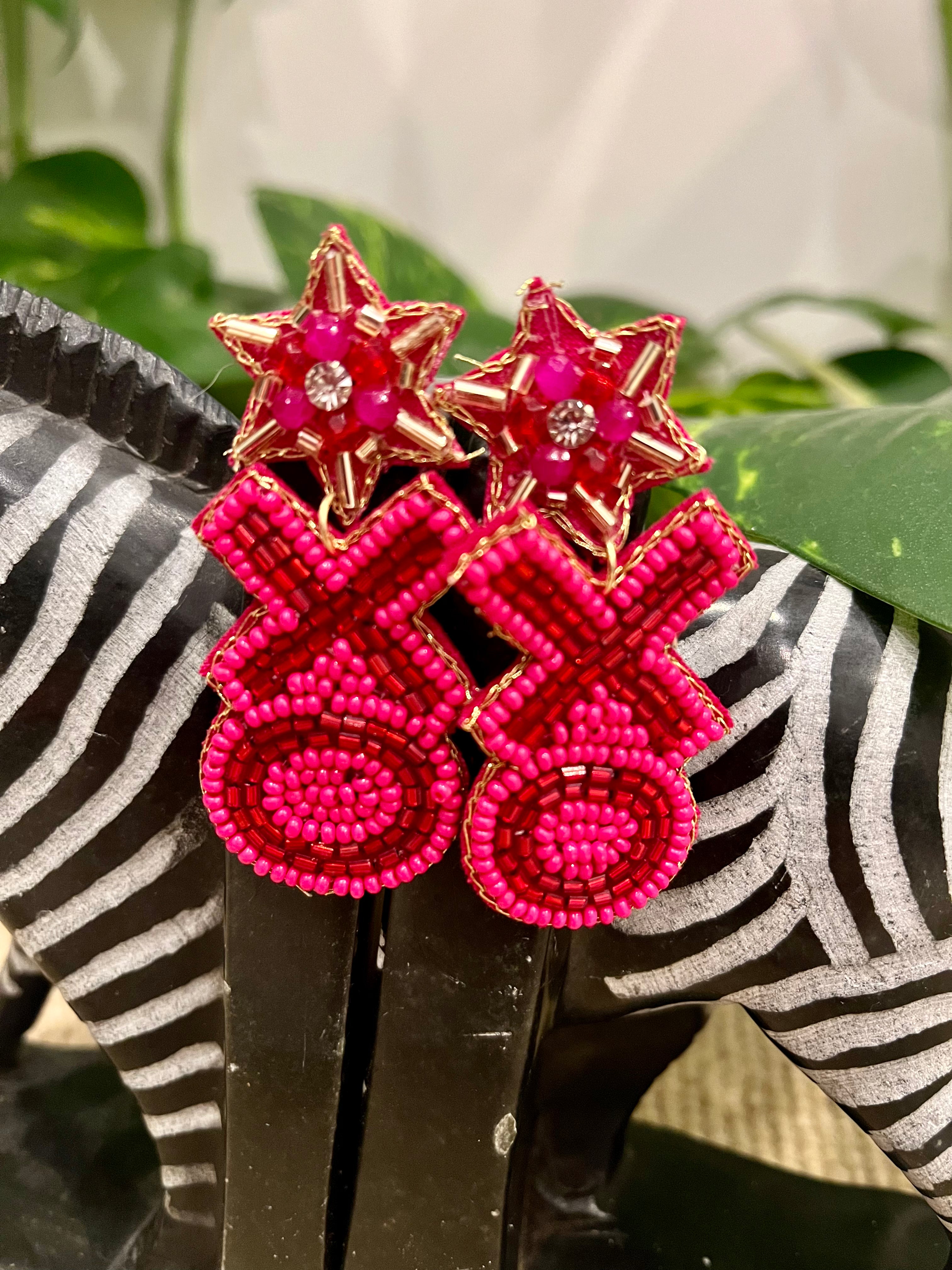 Pink & Red XO Star Beaded Earrings